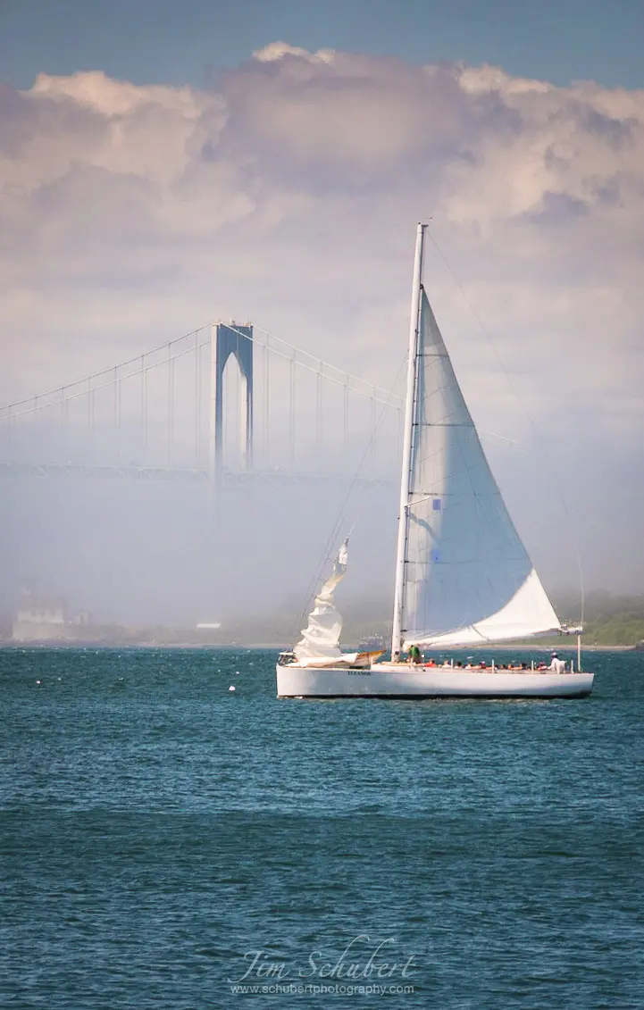 Newport Bridge and Sailboat in fog (Schubert Photography)