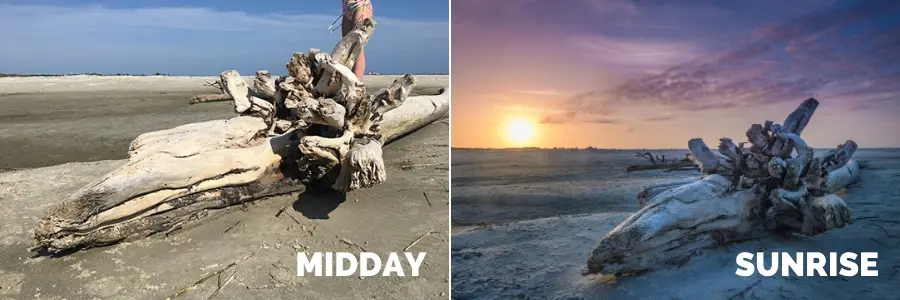 midday versus sunrise photography lighting example