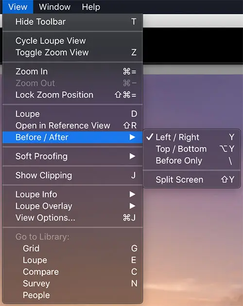 Lightroom Classic Before And After Keyboard Shortcuts Menu